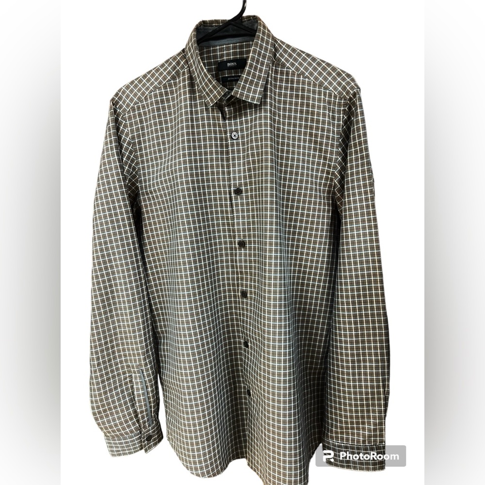 Hugo Boss Checkered Lightweight Dk Brown and Gray Contrasted Shirt Size Medium